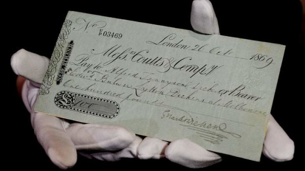 A cheque for 100 pounds, signed by Charles Dickens and sent as a gift to his sons in Australia - but never cashed - at the National Library of Australia's Treasures Gallery.