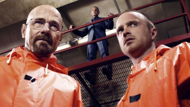 Chemistry: Walt (Bryan Cranston) and Jesse (Aaron Paul) watched by drug boss Gus (Giancarlo Esposito) in <i>Breaking Bad</i>