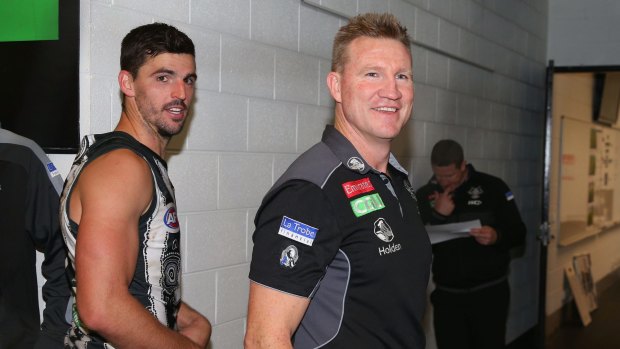 MELBOURNE, AUSTRALIA - MAY 28: Scott Pendlebury (L) and Magpies head coach Nathan Buckley after winning during the round 10 AFL match between the Collingwood Magpies and Brisbane Lions at Melbourne Cricket Ground on May 28, 2017 in Melbourne, Australia. (Photo by Michael Dodge/Getty Images)