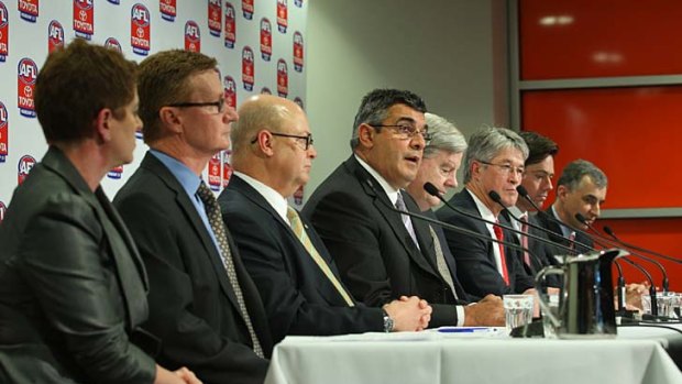 Television and AFL bosses front the media at the broadcast rights announcement at AFL House on Thursday.