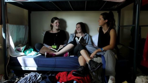 Swot team: Molly McKenzie, Shannon Howard Schmidt and Greta O’Brien in the dormitory of their study camp.  