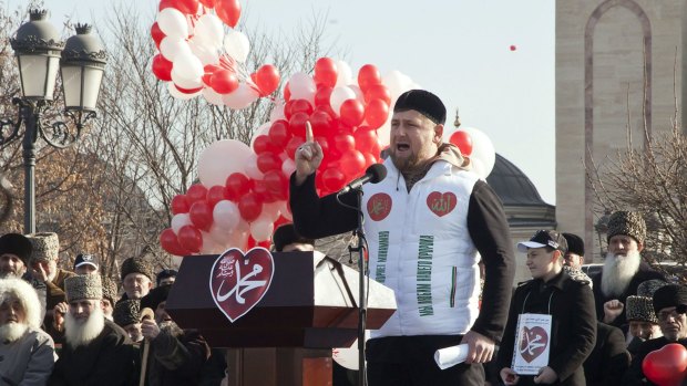 Chechen President Ramzan Kadyrov speaks at a rally against the publication of cartoons of the Prophet Mohammad by French weekly Charlie Hebdo, in the Chechen capital of Grozny.