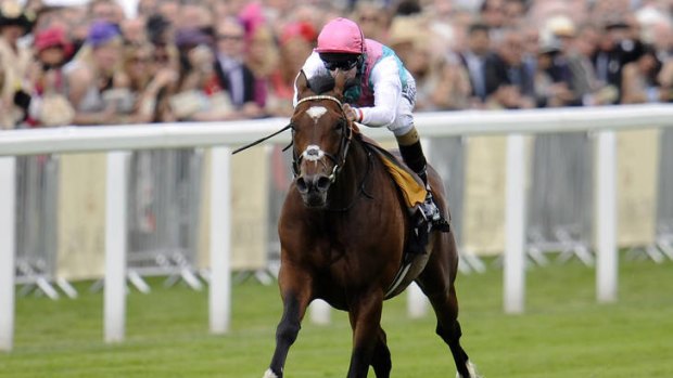 Tom Queally, riding Frankel, wins The Queen Anne Stakes at Royal Ascot.