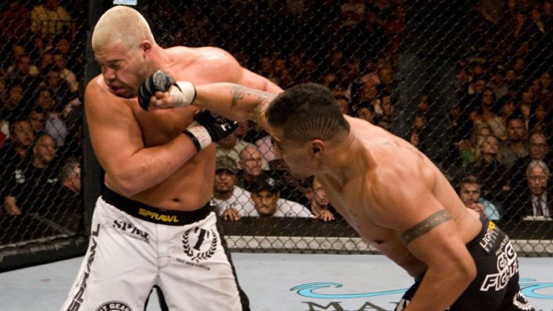 Soa Palelei hits Eddie Sanchez, his last UFC opponent in a 2007 bout.