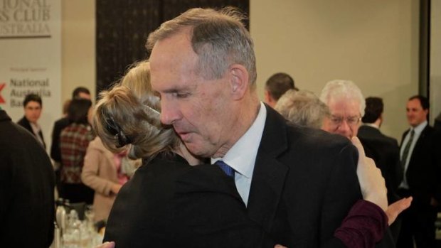 Bowing out ... Bob Brown is embraced by Greens senator Larissa Waters after he addressed the National Press Club in Canberra.