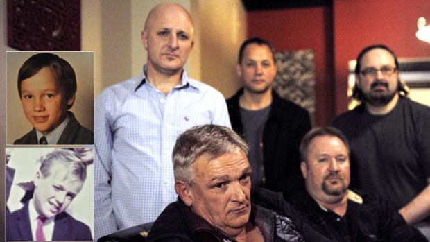 (Front, left to right) Paul Tatchell and Paul Lyons, (back, from left) Andrew Collins, Peter Blenkiron and Stephen Woods. Insets: As children in Ballarat, Peter Blenkiron (top) and Paul Lyons