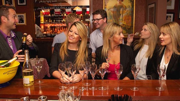 Try this one: Champagne producer Jerome Barret does the honours for, from left, Sally Glen, Sandra Bellamy, Emma Healy and Elisabeth Drysdale at La Brassiere in Darlinghurst.