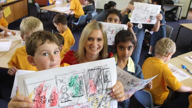 First day for everyone &#8230; new kindergarten teacher Lucy Whyburn with her students at Hornsby Heights Public School.