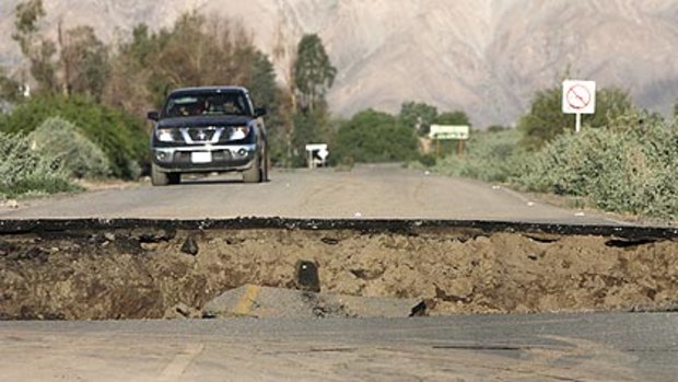 A crack in the road near Mexicali, in Mexico's Baja California state,after yesterday's 7.2-magnitude earthquake.