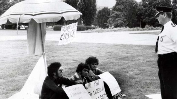 Early days &#8230; the original tent embassy under an umbrella in 1972.
