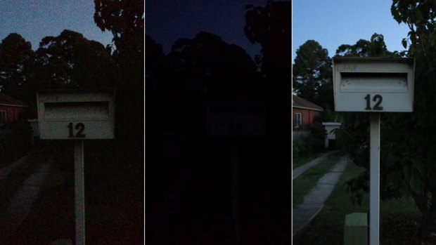 Low-light test: (From left) Apple iPhone 5, Samsung Galaxy S4, Canon PowerShot G15. Taken just as the sun was going down, the mid-range Canon takes significantly brighter and cleaner shots.