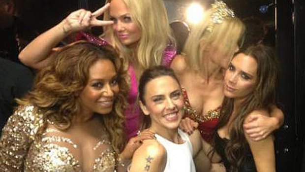 Late closing: Even pouty Posh, who tweeted this photo, almost managed a smile as the Spice Girls celebrated their Olympics reunion.