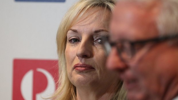 Christine Holgate with Australia Post chairman John Stanhope at Tuesday's press conference in Sydney.