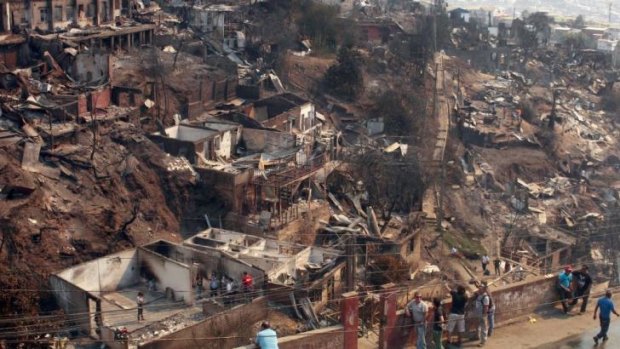 Part of a neighbourhood  destroyed by the fire in Valparaiso.