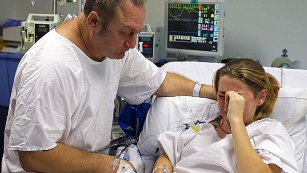 Emotional reunion: Chelsea Bury and her father and kidney donor, Nigel, meet after the ground-breaking transplant at Sydney Children's Hospital.