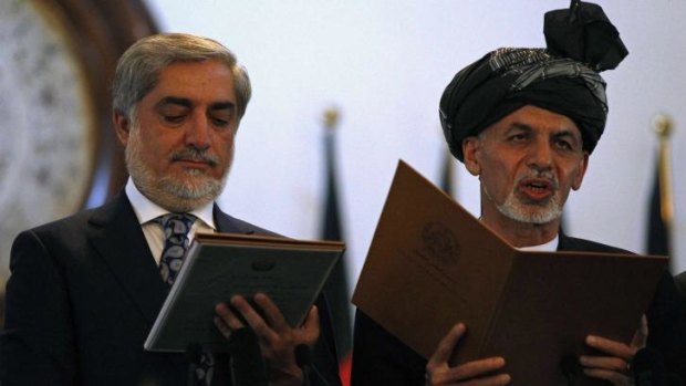 Afghanistan's new president Ashraf Ghani Ahmadzai (right) and chief executive Abdullah Abdullah at their swearing in.