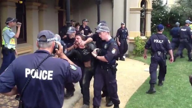 Protesters and police clash at the University of Sydney.