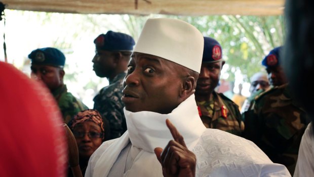 Defiant: Gambian President Yahya Jammeh on election day in the Gambian capital Banjul.
