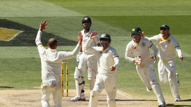 Nathan Lyon celebrates after trapping Murali Vijay lbw for 99 after tea. It marked the beginning of the end for India.