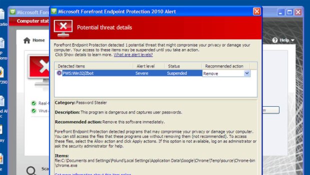 A screen shot of Microsoft Forefront Endpoint Protection wrongly identifying Google Chrome as malware in its "Win32/Zbot" error.