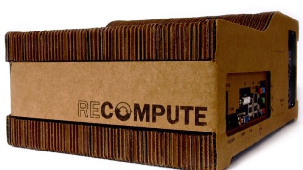 A Recompute hard drive, made of recyclable cardboard.
