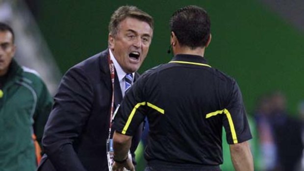 Serbia head coach Radomir Antic remonstrates with a linesman.