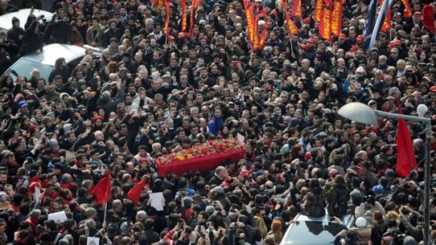 Thousands gathered in Istanbul's working-class Okmeydani district for the funeral of Berkin Elvan.