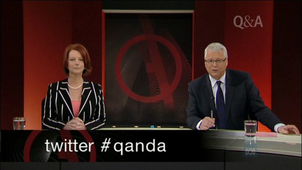 Q&A's Tony Jones (right) with Prime Minister Julia Gillard.