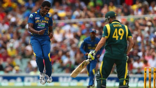 Jump for joy &#8230; Thisara Perera celebrates the wicket of Steven Smith in Adelaide on Sunday. Sri Lanka went on to win by eight wickets to square the series 1-1.