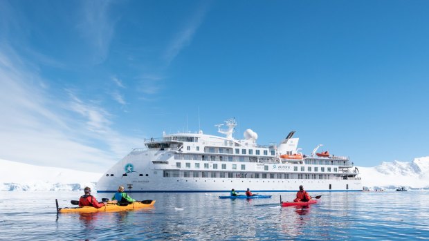 The Greg Mortimer cruise ship in Antarctic waters.