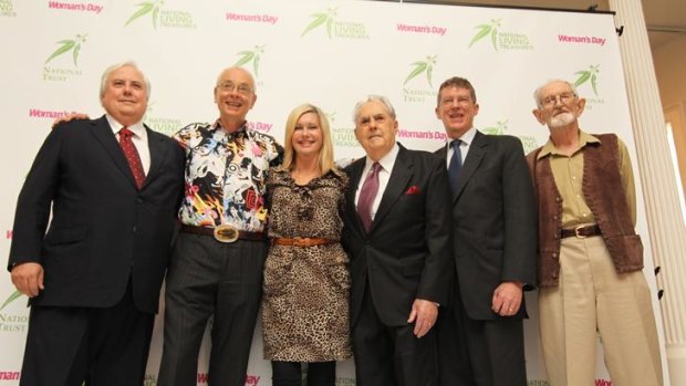 Six of the seven people announced as new national treasures pictured after the presentation. From left: Clive Palmer, Karl Kruszelnicki, Olivia Newton-John, Jack Brabham, Dr Ian Frazer and Harry Butler.