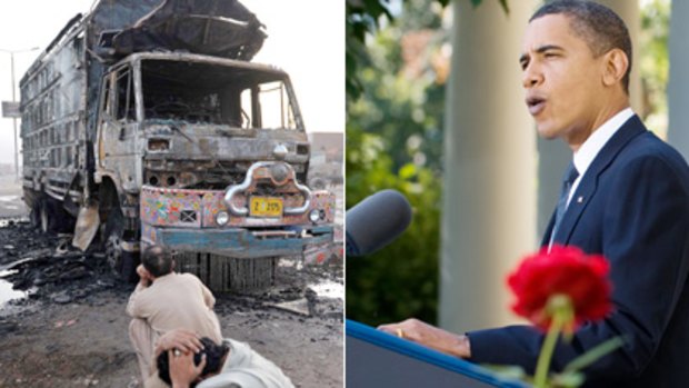 Suicide attack ... a Pakistani truck driver sits in front of his burnt-out vehicle on Friday. Call to arms ... a ‘‘humbled’’ President Obama speaks in the White House rose garden on Friday.