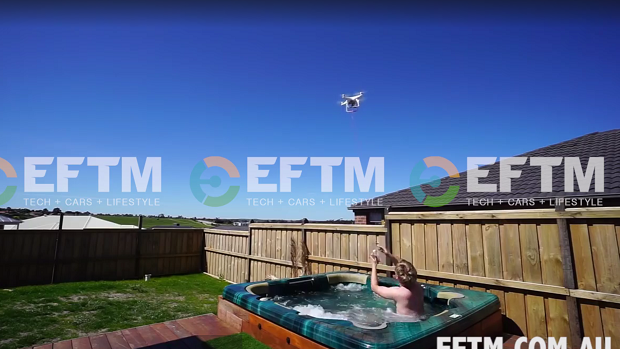 The drone delivering the sausage to a hot tub in Sunbury.