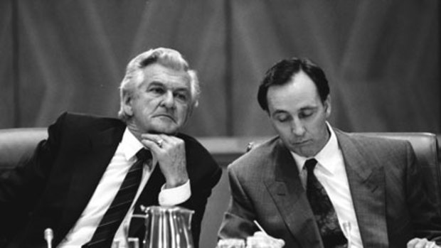 Sparring partners ... Bob Hawke and Paul Keating at the Premiers Conference at Parliament House in 1991.