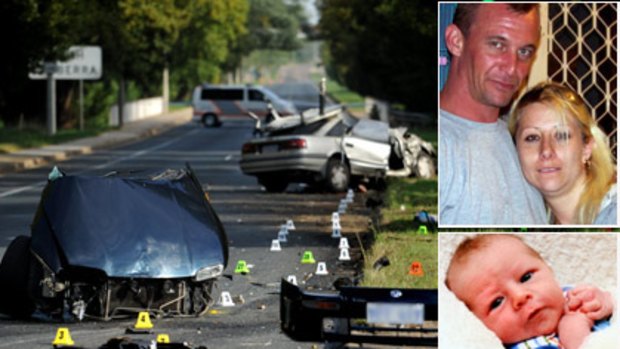 Tragedy ... the splintered car at the crash scene in Narrabundah; Scott Oppelaar, Samantha Ford and their four-month-old son Brodie  were all killed.