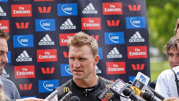 Nathan Buckley talking to the media after hsi first full squad Collingwood training session, 21th November 2011.