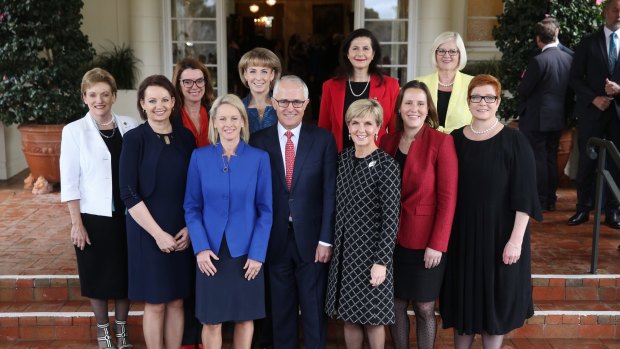 Prime Minister Malcolm Turnbull with female members of the ministry after the swearing in ceremony at Government House in Canberra on Tuesday 19 July 2016. Back row Jan Prentice Anne Ruston Michaelia Cash Concetta Fierravanti-Wells Karen Andrews Front row Sussan Ley Fiona Nash Malcolm Turnbull Julie Bishop Kelly O'Dwyer Marise Payne.