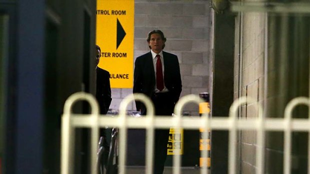 Long day: James Hird leaves AFL House on Monday.