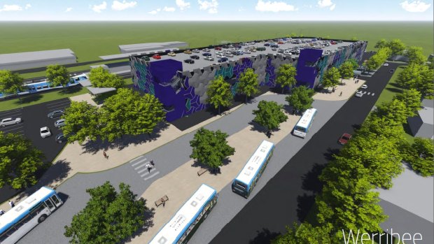 A design by Guymer Bailey architects for a proposed multi-storey car park at Werribee railway station  