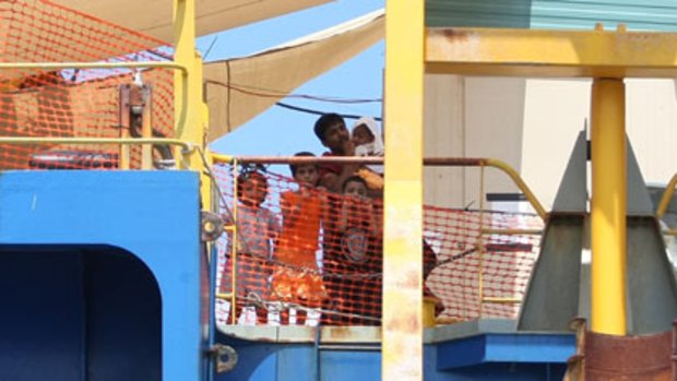 All at sea ...  Sri Lankan asylum seekers on board the Oceanic Viking yesterday.