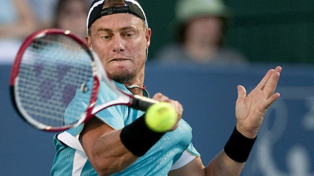 Out ...Lleyton Hewitt at the Winston-Salem Open tennis tournament on Monday.