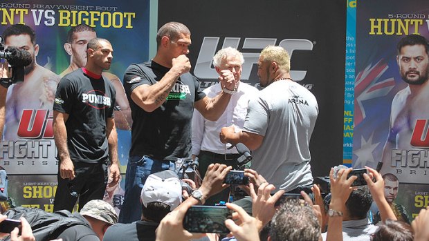 Antonio 'Bigfoot' Silva, UFC Managing Director Canada, Australia and New Zealand Tom Wright, Mark 'Super Samoan' Hunt at the UFC Fight Night 33 launch in Queen Street Mall, Brisbane.