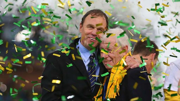 Not so long ago: Holger Osieck and Frank Lowy after Australia secured World Cup qualification.