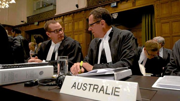 Australia's lawyers John Reid (left) and Justin Gleeson at The Hague.