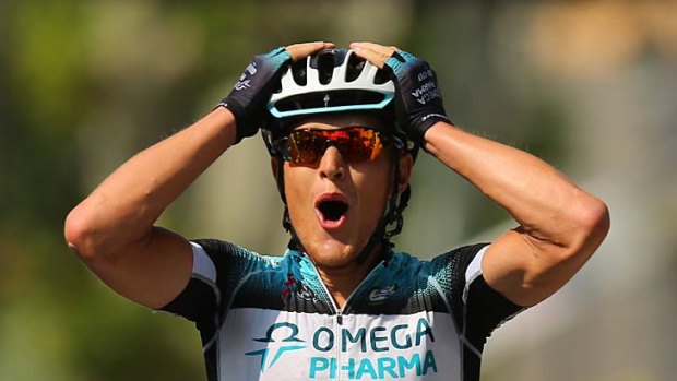Celebration: Matteo Trentin of Italy and Omega Pharma-Quickstep wins stage 14 of the Tour.
