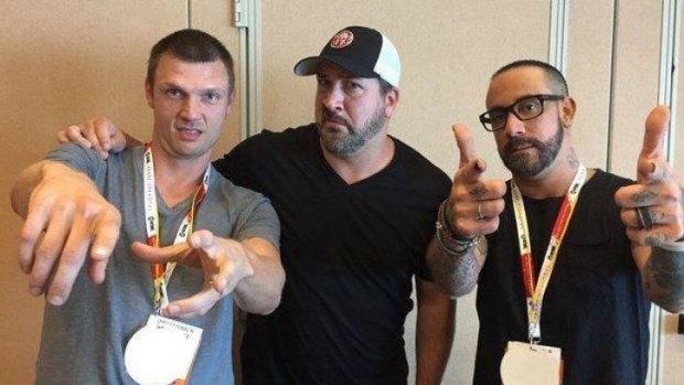 Nick Carter at Comic-Con this week with band mate A.J. McLean (R) and NSYNC's Joey Fatone, who are starring in Dead 7.