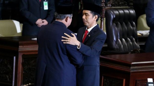 Outgoing president Susilo Bambang Yudhoyono and President Joko Widodo during the inauguration ceremony.