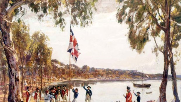 Sydney's cove ... the site of the new settlement, as seen by the artist Algernon Talmage in his painting <i>The Founding of Australia 1788</i>.