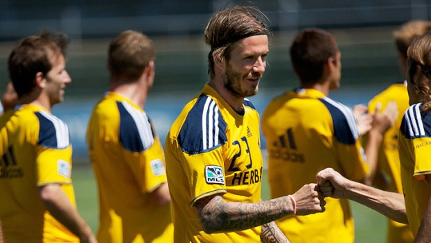David Beckham trains with his LA Galaxy teammates this afternoon.