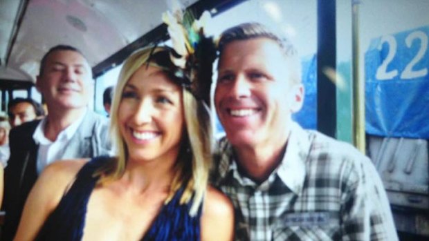 William Poovey, who was killed, with wife Kara in the tram just minutes before the crash. Peter Holmes a Court is on the left behind Kara.